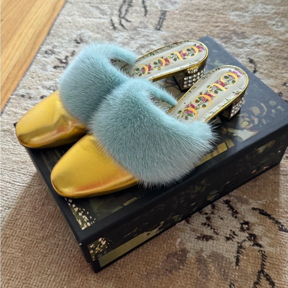 Gucci Gold & Fur Mules